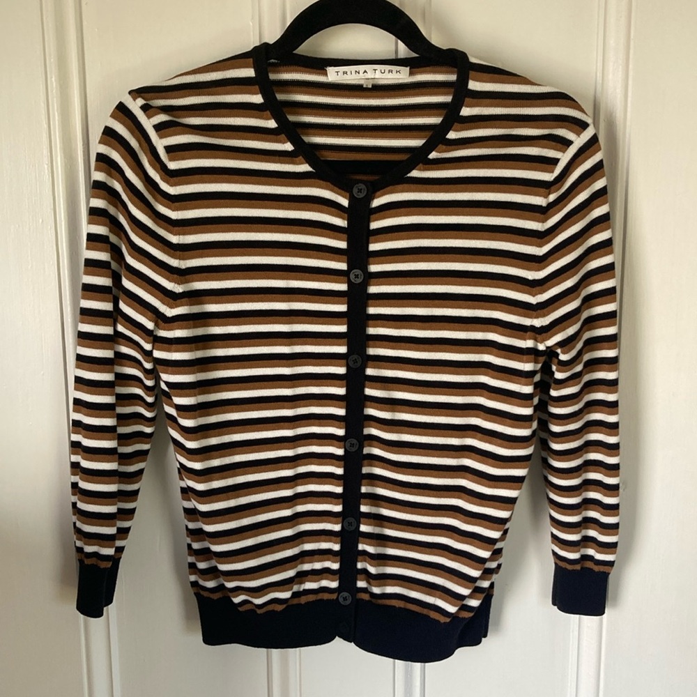 Trina Turk Size M Black and Brown Stripes on White Cardigan 3/4 sleeves